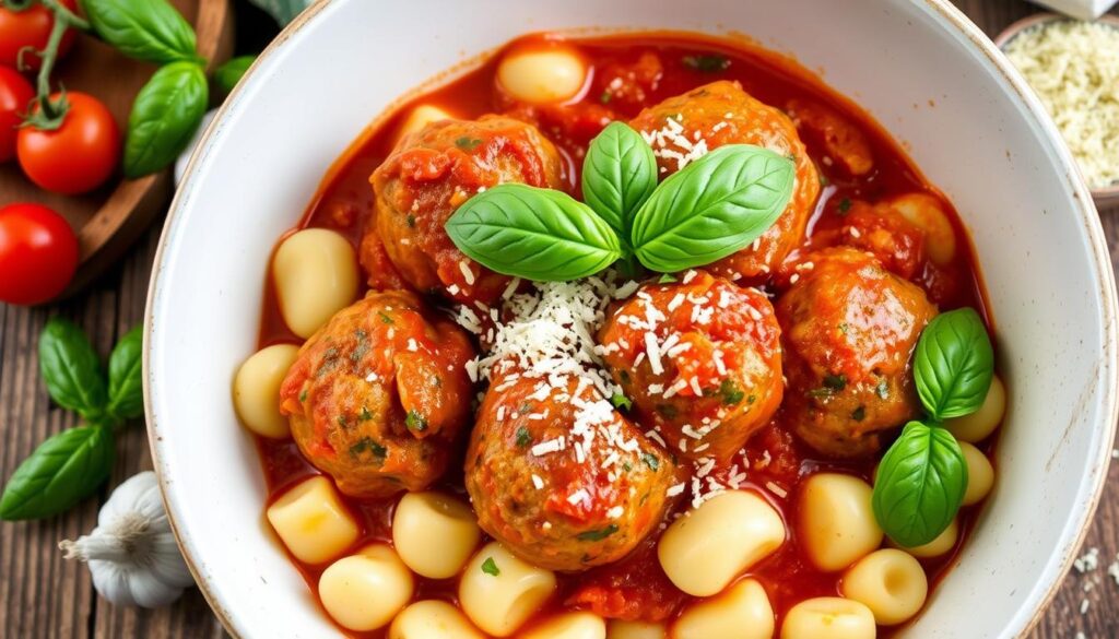 slow cooker tuscan chicken meatballs with gnocchi